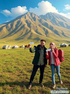 نام آژانس: "TopTesla" در پایین تصویر. شماره تماس: "09303712018". شعار: "Ardabil, paradise of nature" به عنوان پیام اصلی.